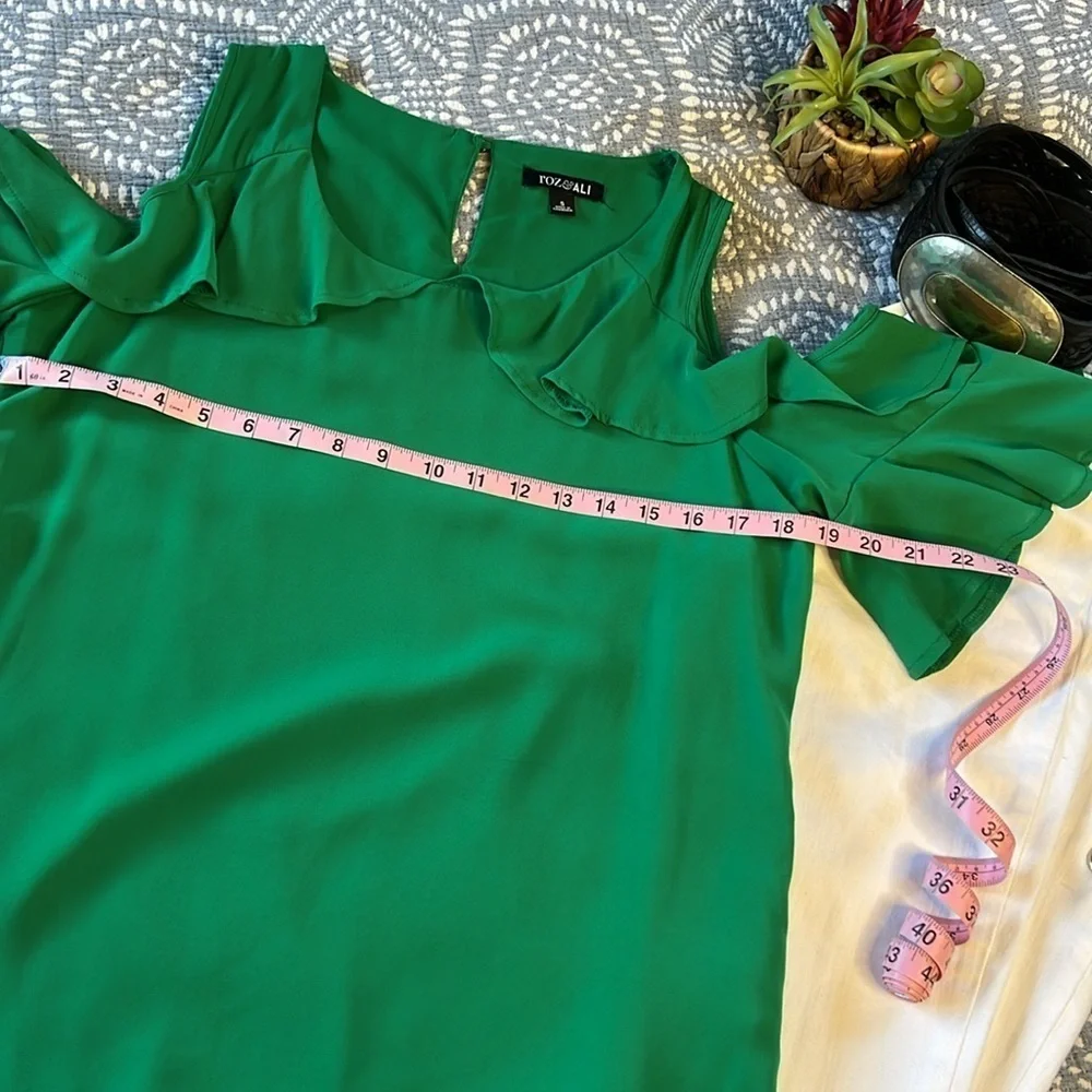 Ruffled Cold Shoulder Feminine Blouse with Short Ruffle Sleeves in Green| S - Picture 8 of 9